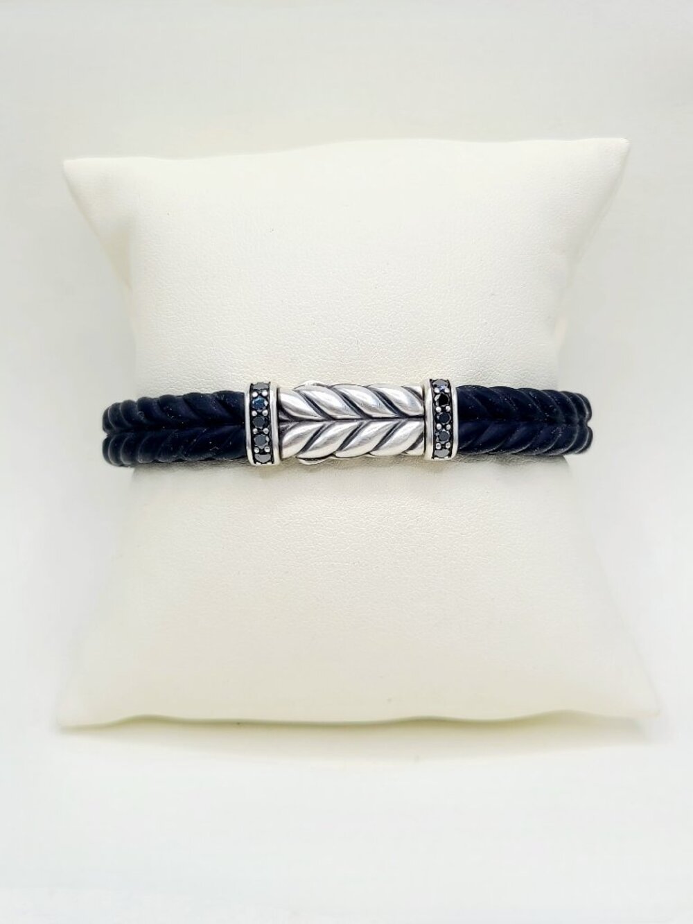David Yurman Chevron Bracelet in Black Rubber w/ Pavé Black Diamonds, 9mm Sz Sm